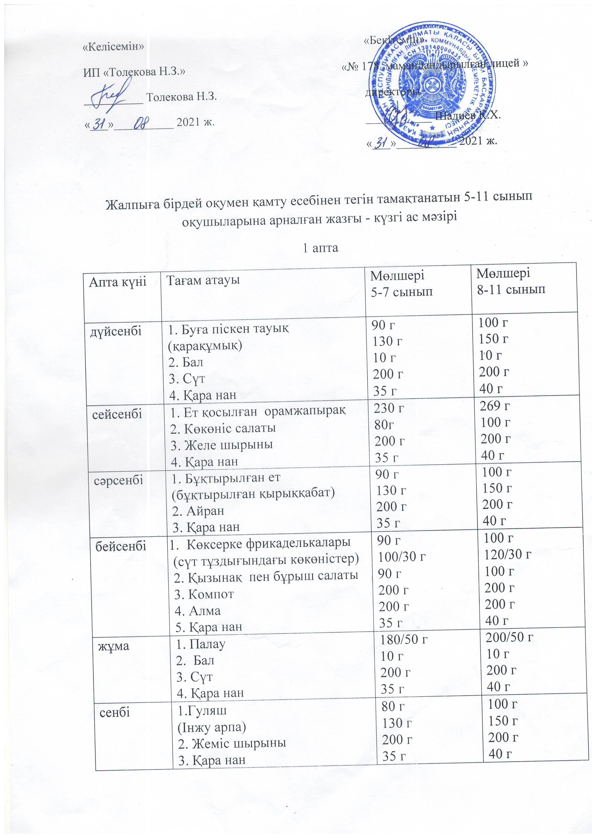 Ас мәзірі - 02.09.2021 жыл