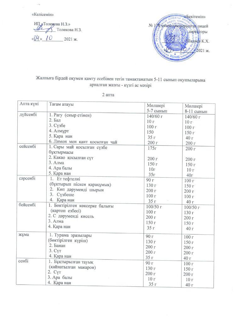 Ас мәзірі - 04.10.2021 жыл