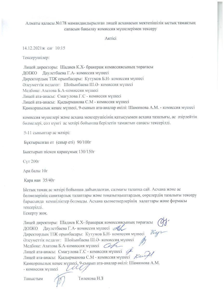 Тамақтану комиссиясының бақылау актісі.