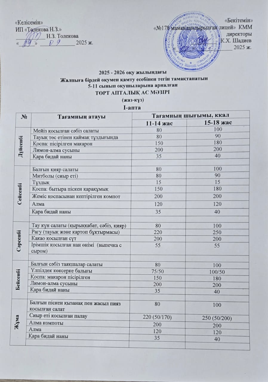 Ас мәзірі - 29.09.2025 жыл