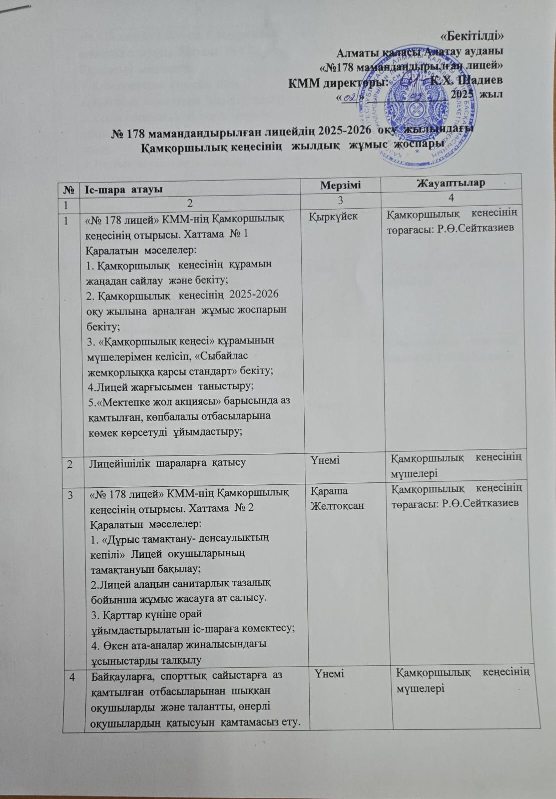 "Қамқоршылық кеңесі" жұмыс жоспары