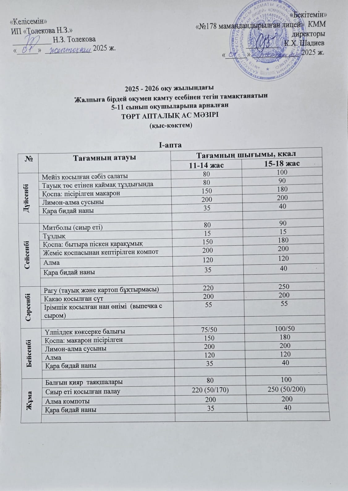 Ас мәзірі - 01.12.2025 жыл