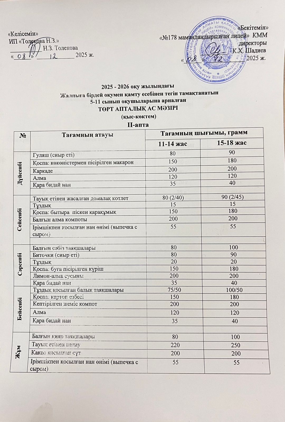 Ас мәзірі - 08.12.2025 жыл