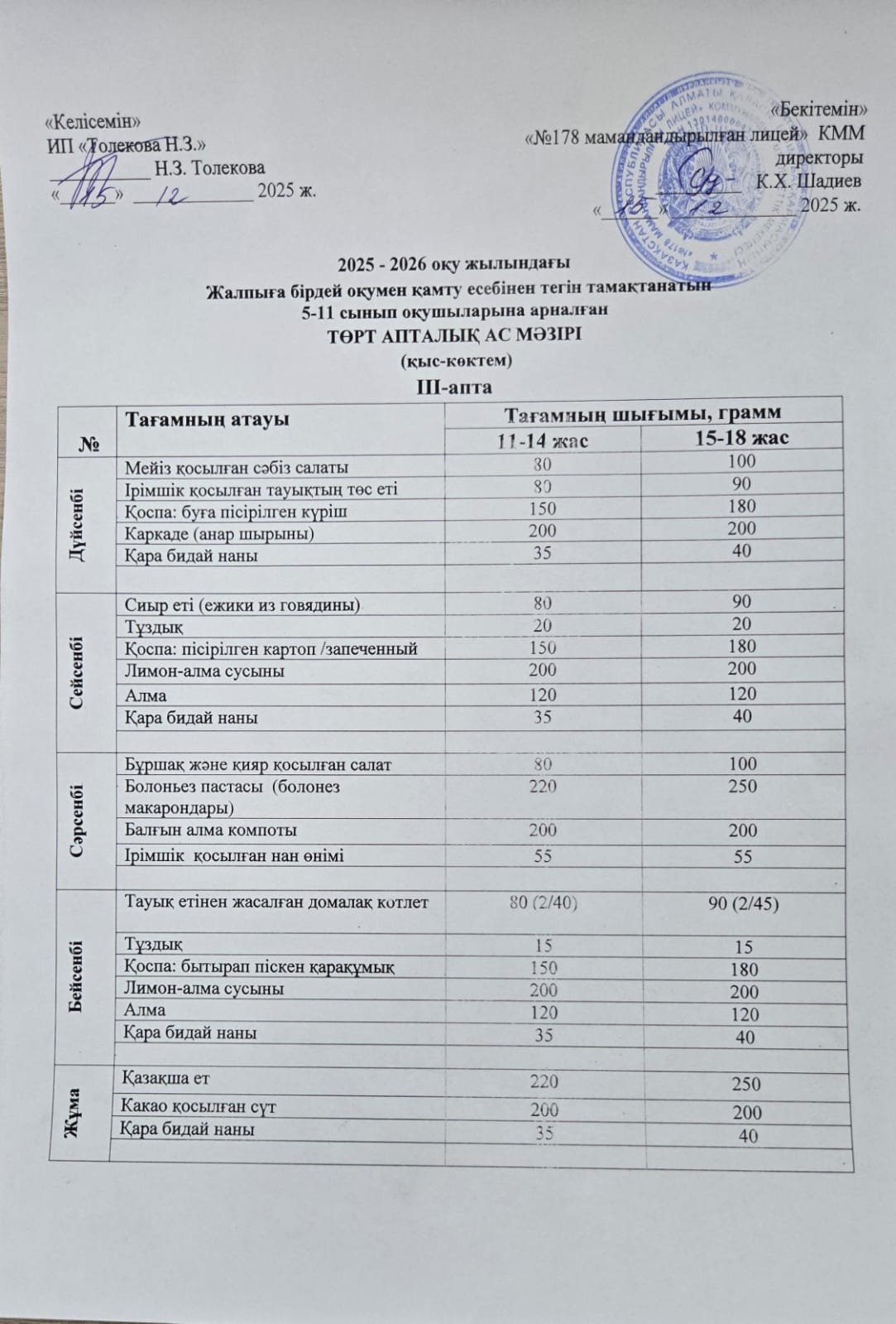 Ас мәзірі - 15.12.2025 жыл