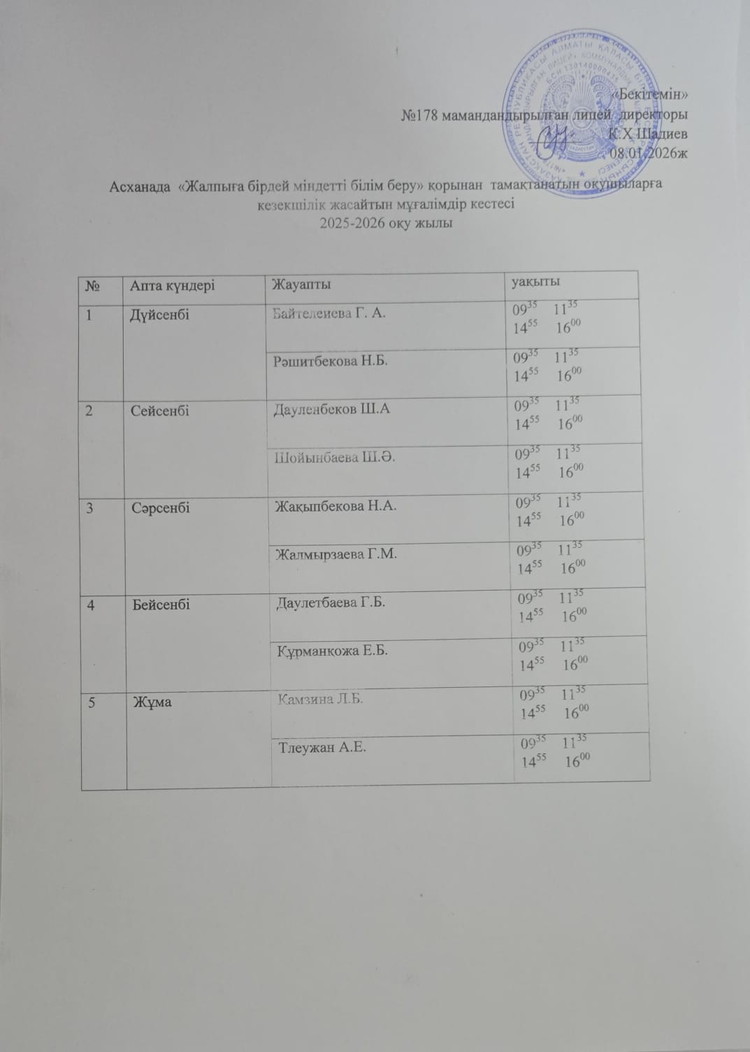 Асхана кезекшілік кестесі