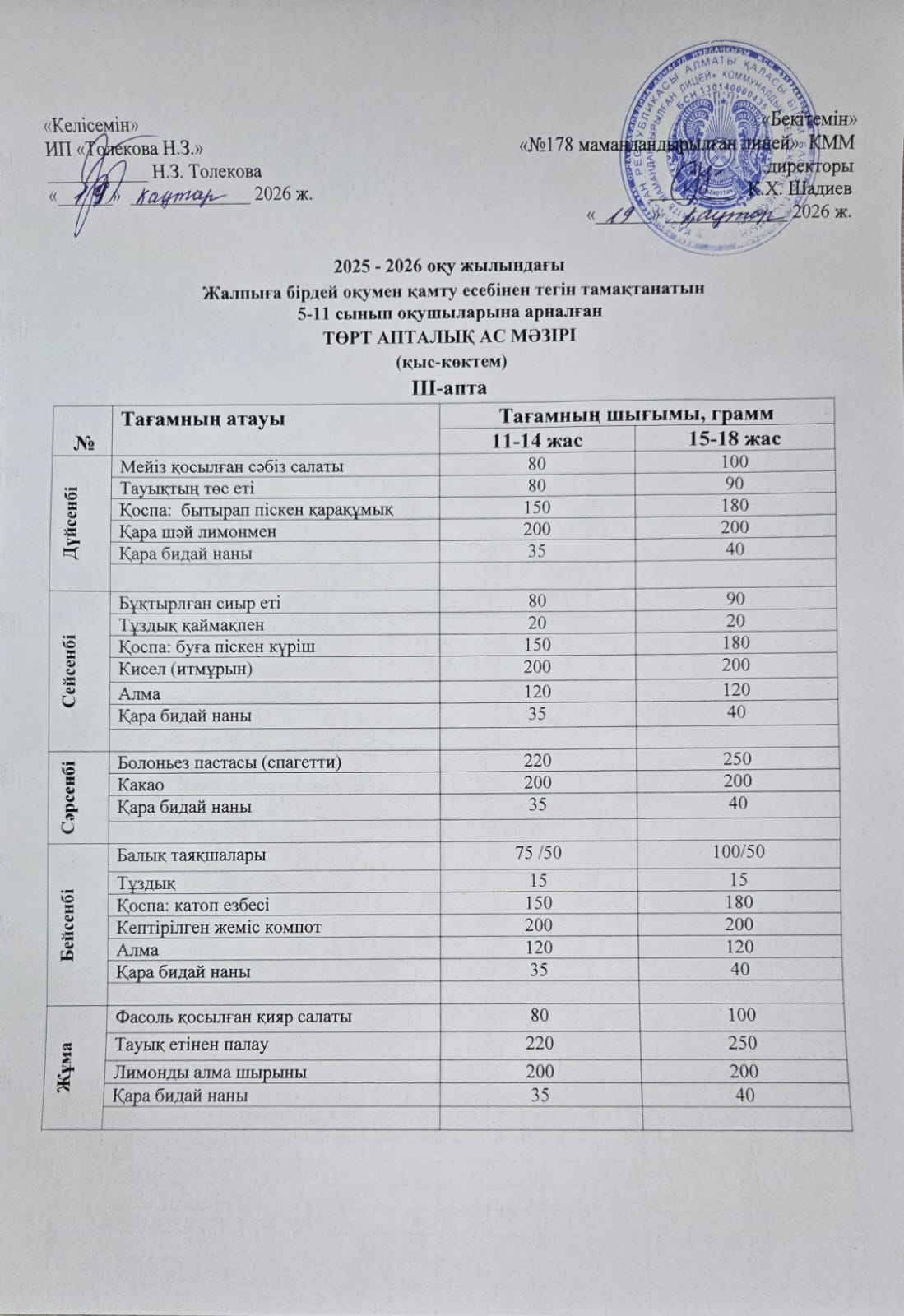 Ас мәзірі - 19.01.2026 жыл