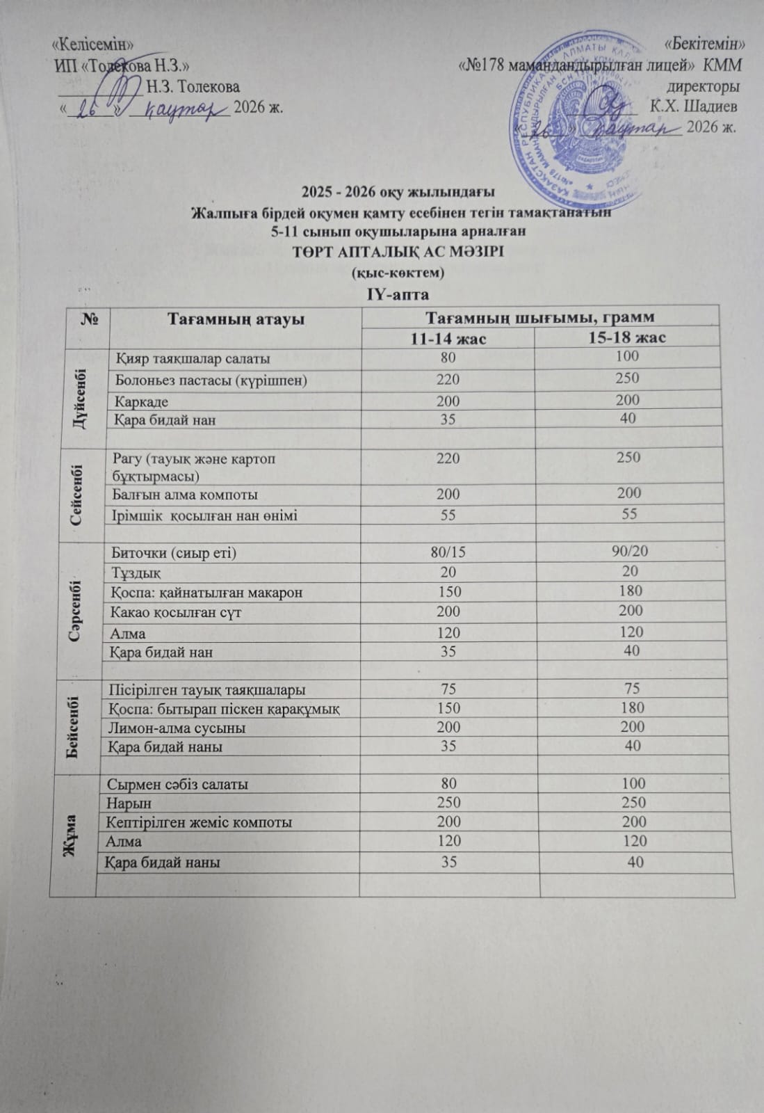 Ас мәзірі - 26.01.2026 жыл